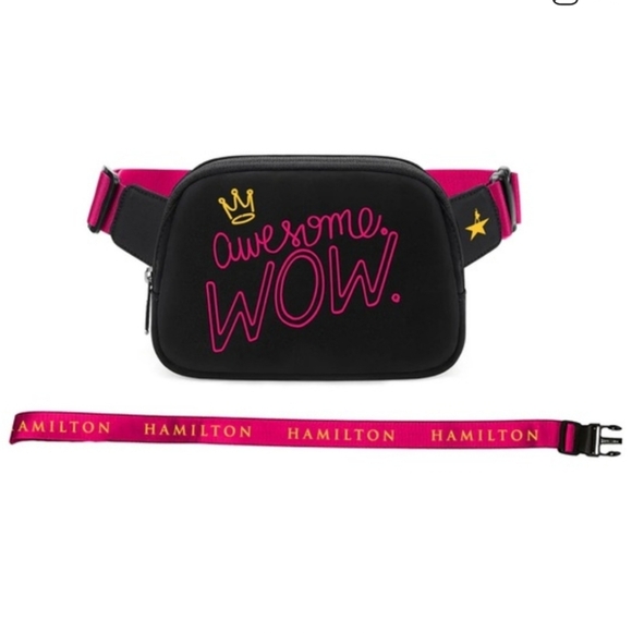 Hamilton Musical Merch Crossbody Black Bag "Awesome WOW" Fanny Pack Pink Strap - Picture 1 of 11